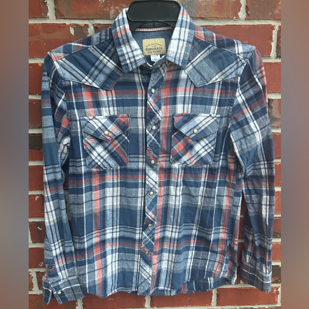 Vintage Roebuck & Co. Long Sleeve Pearl Snap Blue Pink Plaid Small Western Shirt
